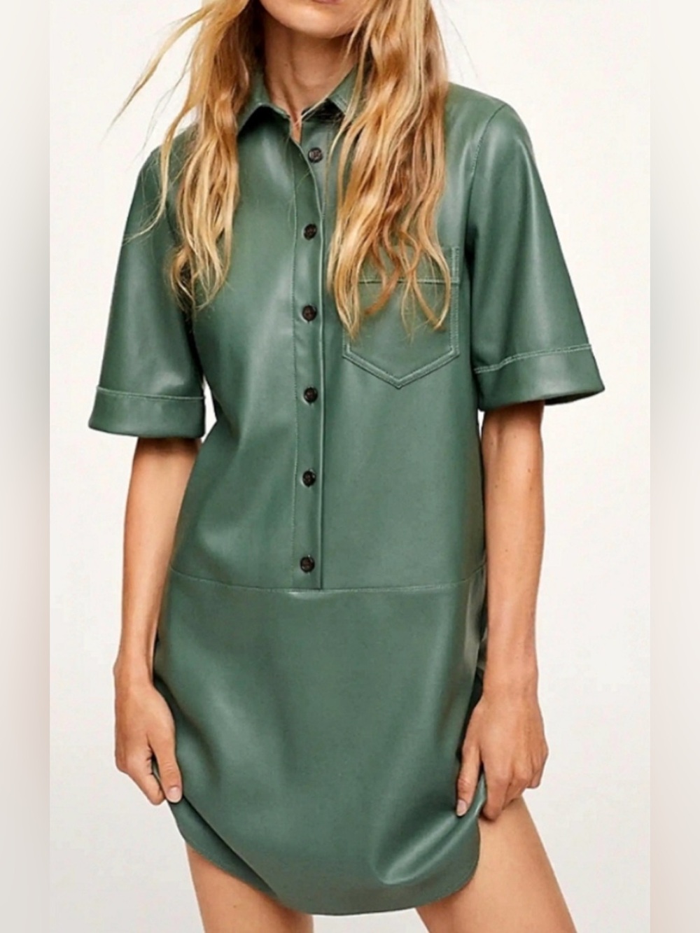 Mango Olive Green Short-Sleeve Shirt Dress